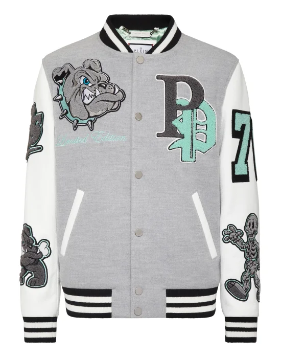 Woolen Cloth College Bomber with Leather Arms Bulldogs