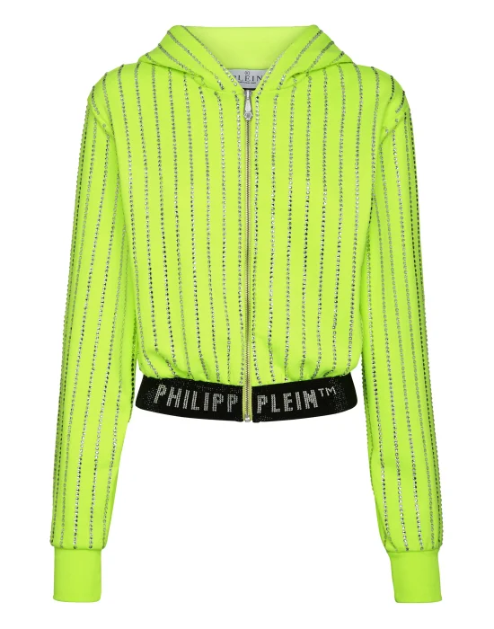 Cropped Hoody Sweatjacket with Crystals Crystal Pinstripe