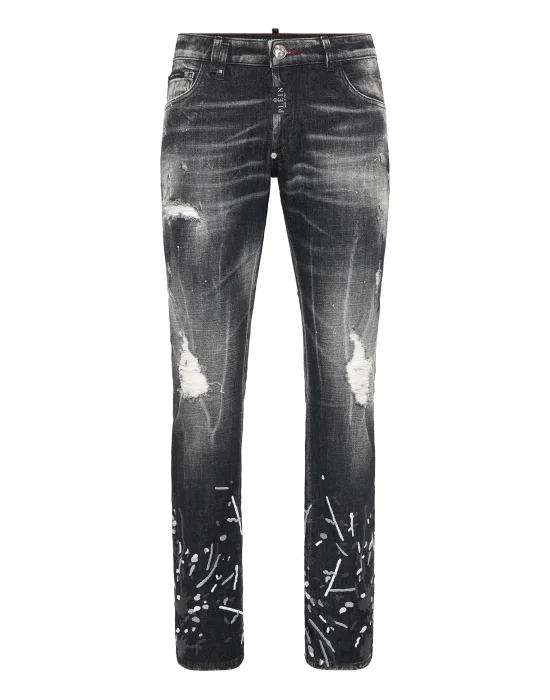 Denim Super Straight Cut Trousers With Splash