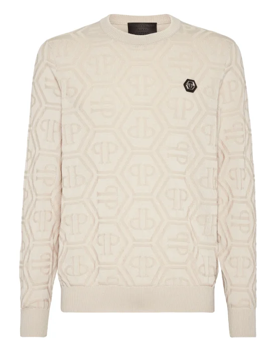 Jacquard Silk Wool Pullover Round Neck LS Monogram