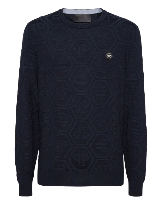 Jacquard Silk Wool Pullover Round Neck LS Monogram