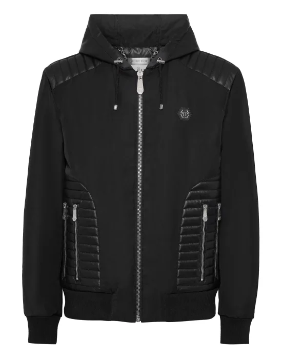 Nylon Hooded Jacket LS With Leather Inserts