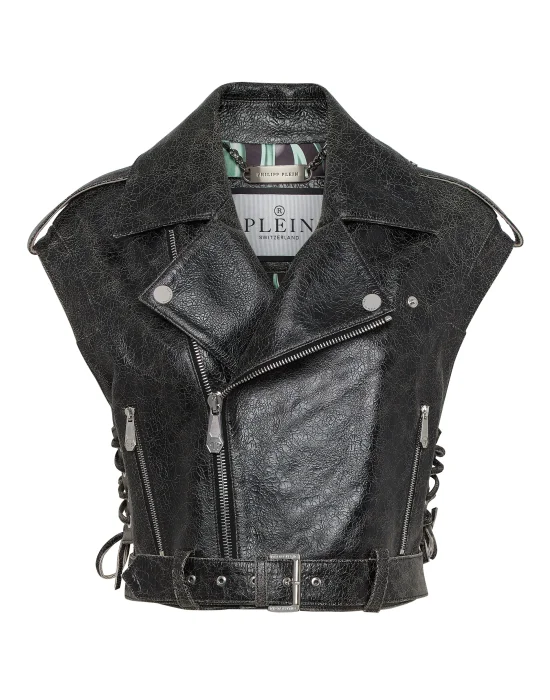 Leather Cropped Biker Vest Gothic Plein