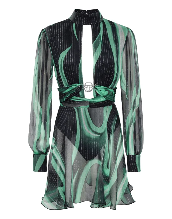 Chiffon Lurex Mini Dress LS Flame