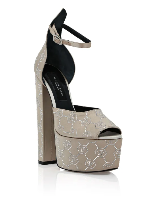 Satin Platform Sandals High Heels Monogram Strass