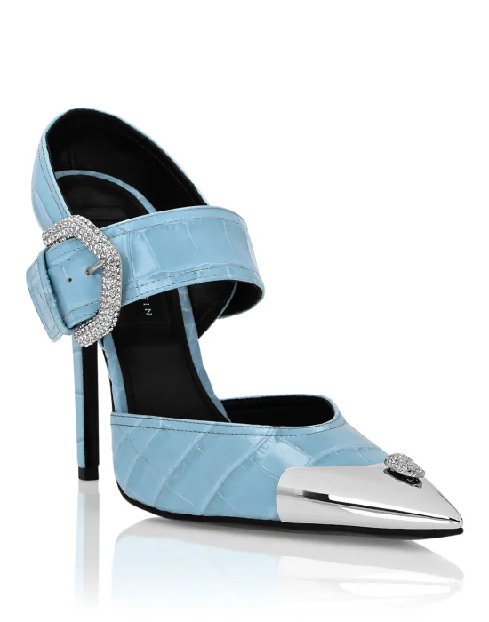 Croco Leather Mule High Heels Skull strass