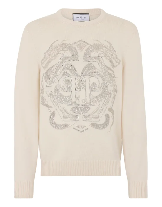 Embroidered Merino Wool Round Neck Pullover Hexagon Dragon