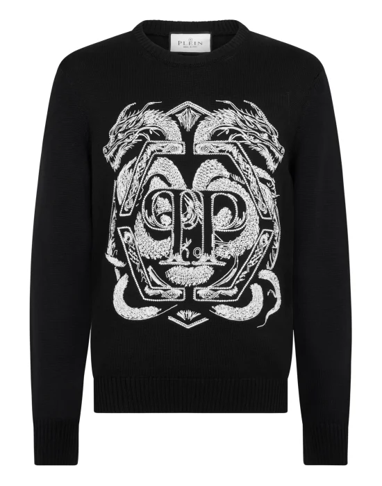 Embroidered Merino Wool Round Neck Pullover Hexagon Dragon