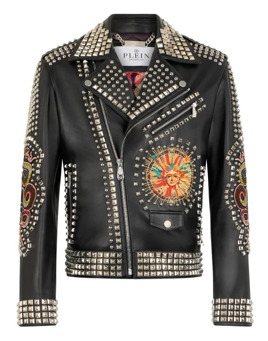 Vintage Leather Biker Jacket Studs & Patches