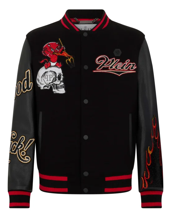 Varsity Bomber with Leather Sleeves Devil Skull