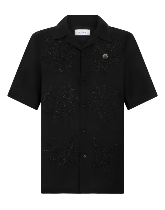 Embroidered Linen Bowling Shirt Tattoo Strass