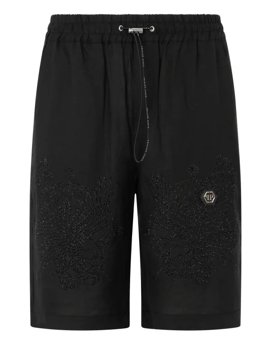 Embroidered Linen Bowling Shorts Tattoo Strass