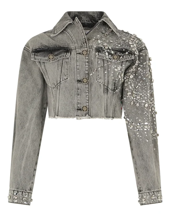 Cropped Denim Jacket Spiderweb Strass