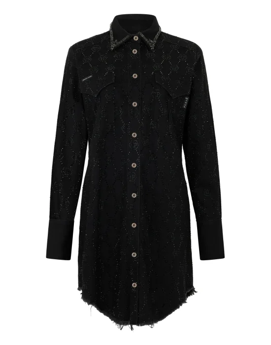 Denim Shirt Dress Monogram Strass Monogram Strass