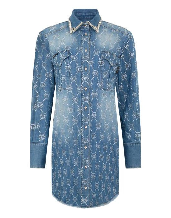 Denim Shirt Dress Monogram Strass Monogram Strass