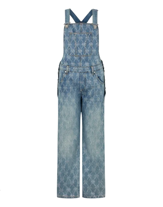 Sleeveless Denim Jumpsuit Monogram Strass