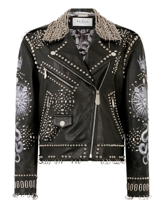 Oversized Biker Jacket Studs Butterfly Tattoo