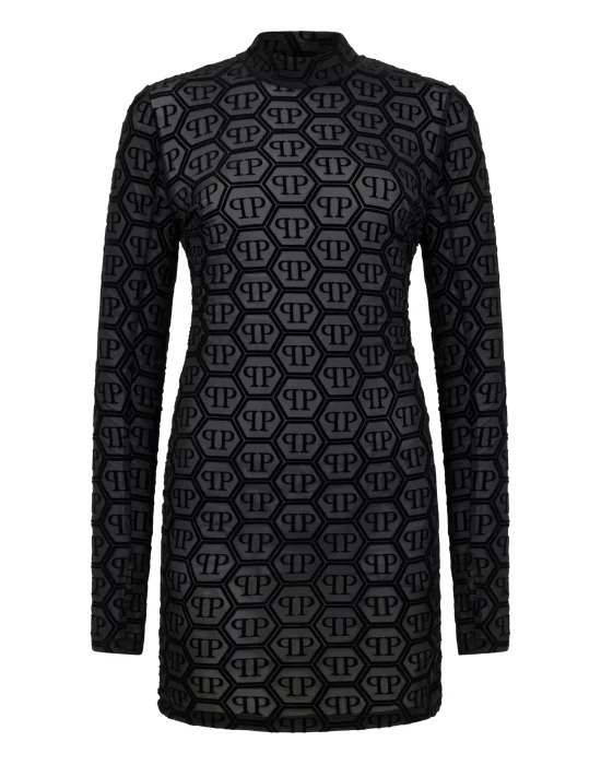 Tulle Long-Sleeved Mini Dress Monogram Jacquard