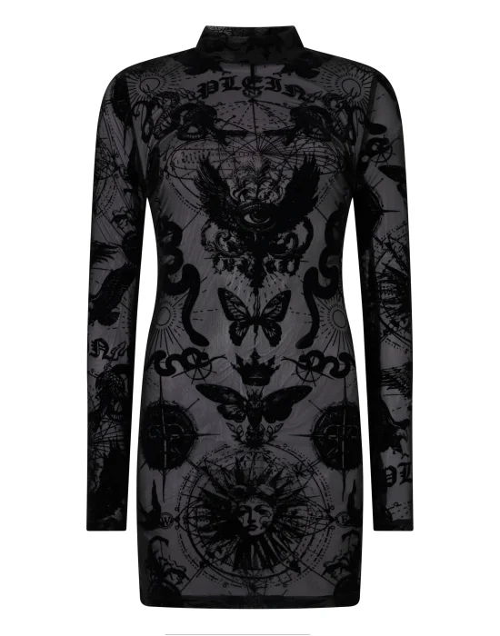 Long Sleeve Mini Dress Flock Butterfly Tattoo