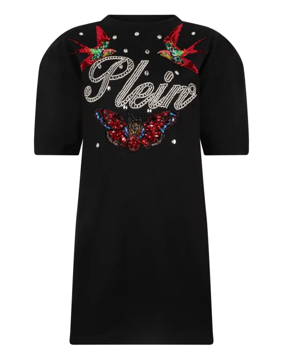 Open Back T-Shirt Dress Tattoo Strass