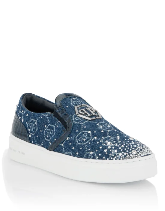Denim Slip-On Sneakers Monogram Strass
