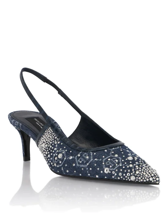 Denim Mid Heels Slingbacks Monogram Strass