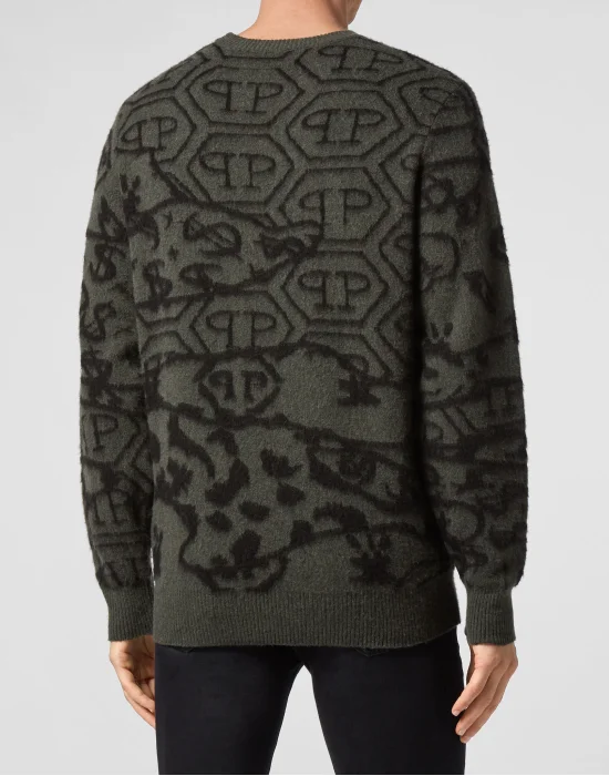 Merino wool Pullover Round Neck LS Jacquard All Over Hexagon