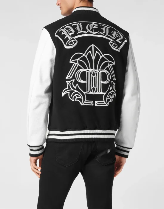 Wool College Bomber With Leather Sleeves Gothic Plein
