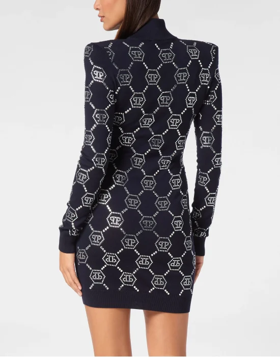 Knitted Strass Mini Dress With Padded Shoulders Monogram