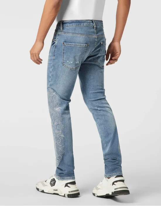 Embellished Super Straight Cut Jeans Cross Gothic Plein