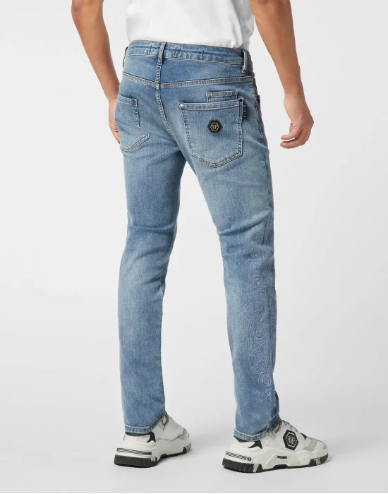 Embroidered Super Straight Cut Jeans Cross Gothic Plein
