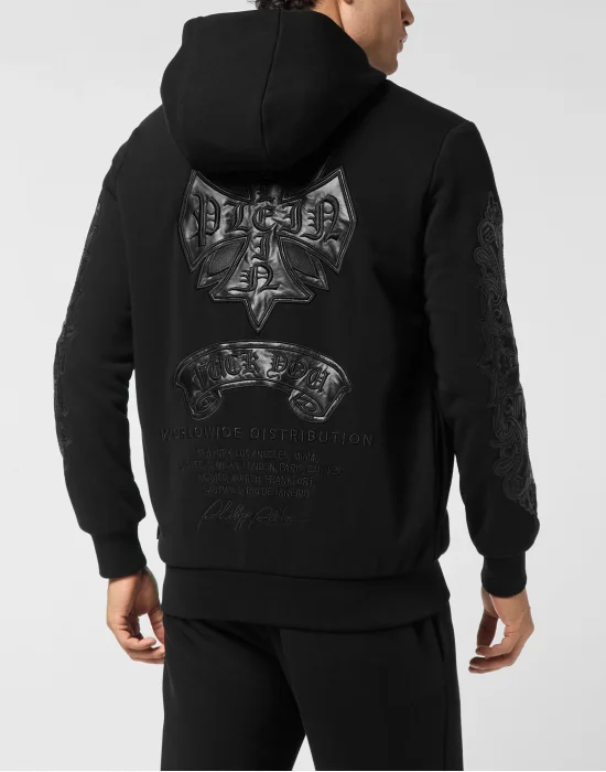Zip Hoodie with Leather Inserts Chrome Crest