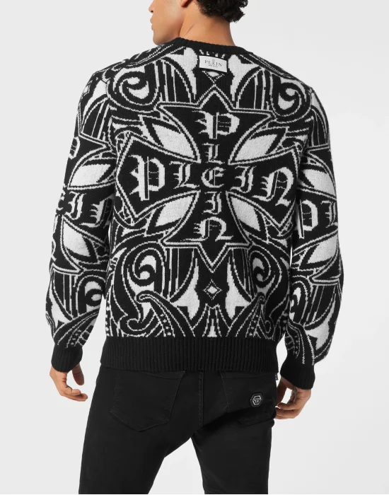 Lambswool Round Neck Pullover All-Over Cross