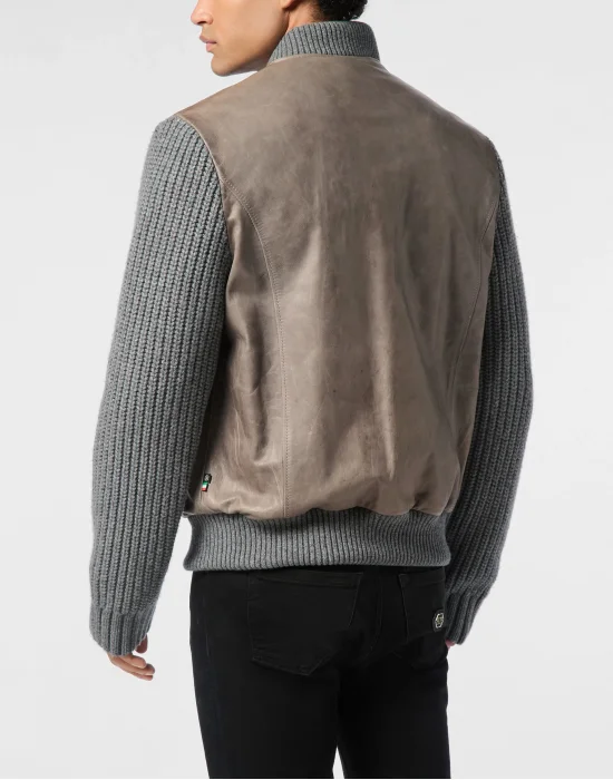 Leather Bomber with Knitted Sleeves