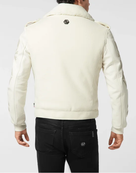 Leather and Wool Varsity Biker Jacket Skull & Bones