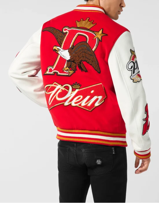Varsity Bomber with Leather Sleeves Eagle