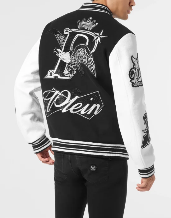 Varsity Bomber with Leather Sleeves Crystal Eagle