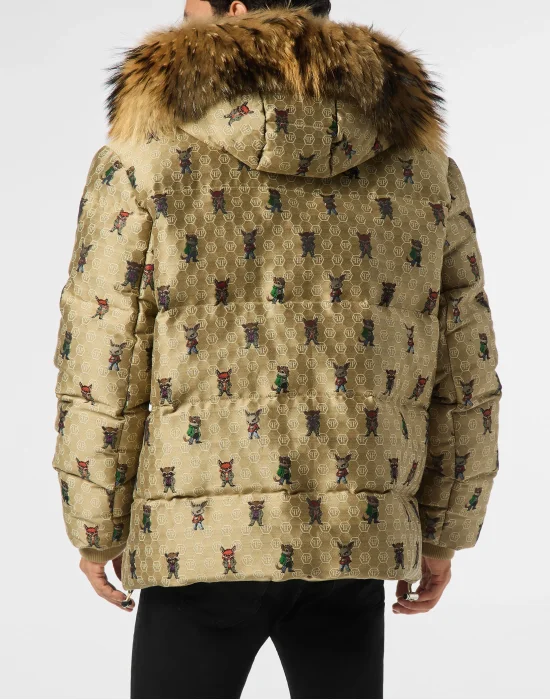 Jacquard Puffer Jacket Monogram Fairy with Fur Collar