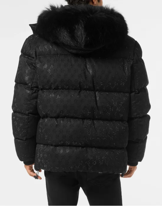 Mid Length Down Jacket with Fur Monogram Strass