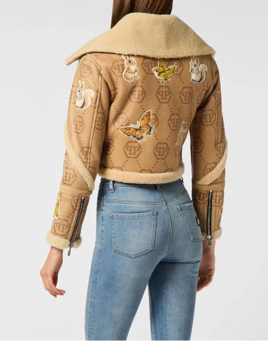 Cropped Embroidered Leather and Shearling Jacket Monogram