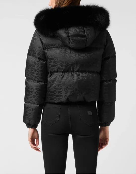 Cropped Nylon Down Jacket Monogram with Fox Fur