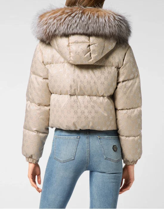 Cropped Down Jacket with Fur Collar Monogram Strass