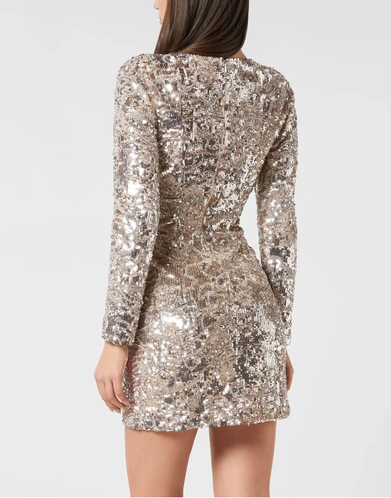 Embroidered Long-Sleeved Mini Dress Crystal Skull