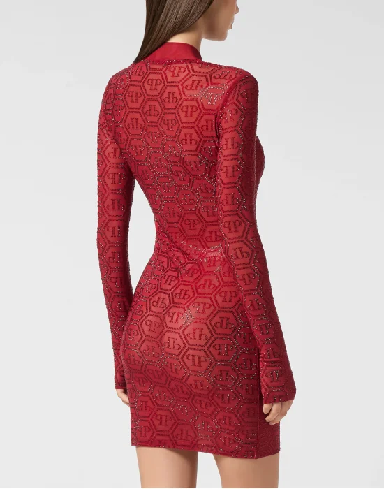 Long Sleeve Mini Dress Monogram Strass