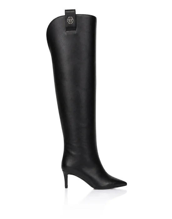 Nappa Leather Low-Heel Overknee Boots Hexagon