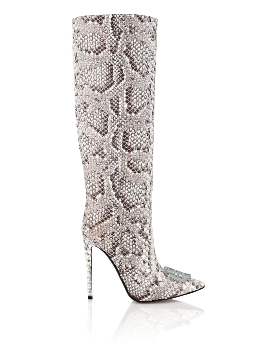 Python Leather Mid Plein Heels High  Boots Gothic Plein