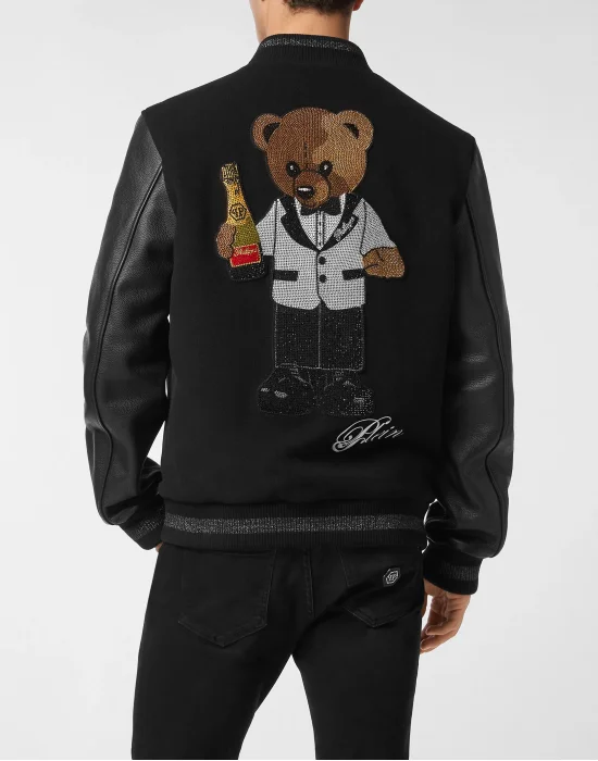 Wool & Leather Varsity Bomber Jacket Teddy Stones