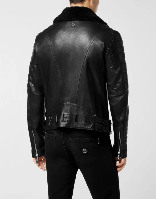 Leather Biker Jacket with Shearling Collar