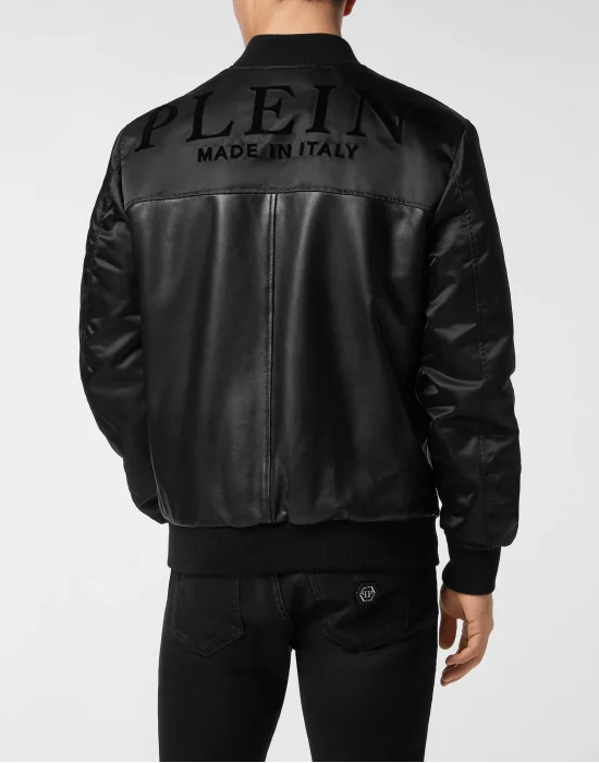 Leather Bomber with Nylon Sleeves