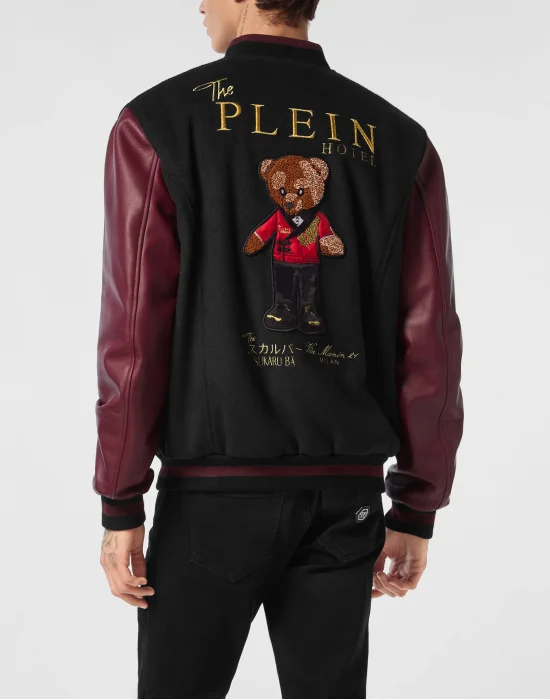 Leather and Wool Varsity Bomber Jacket Teddy Bear